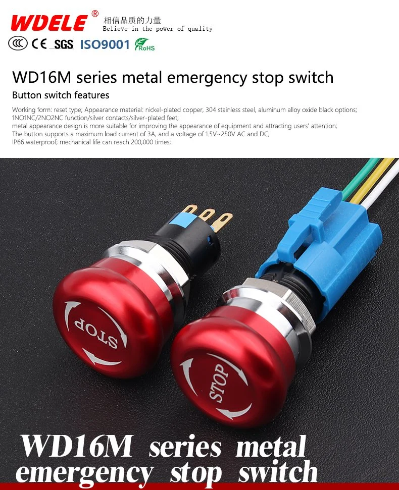 Wd 16mm Mushroom Red Stainless Steel Aluminum Metal Emergency Stop Push Button Switch