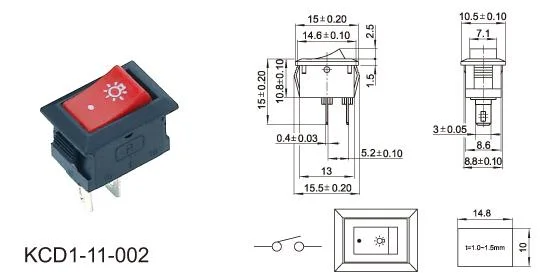 3A/6A Panel Mounting Quick Connect Terminal Red Button Rocker Switch on-off Spst for Electrical Devices (KCD1-11-002)