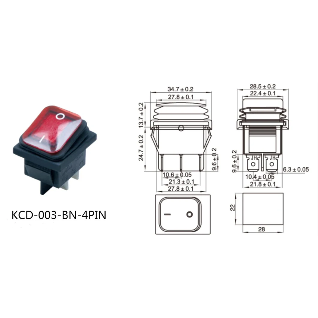Waterproof Rocker Switch IP65 Panel Mount Neon Illuminated Momentary Switch on-off Push Button Switch 4pins/6pins with CE Approved (KCD4-003-BN)